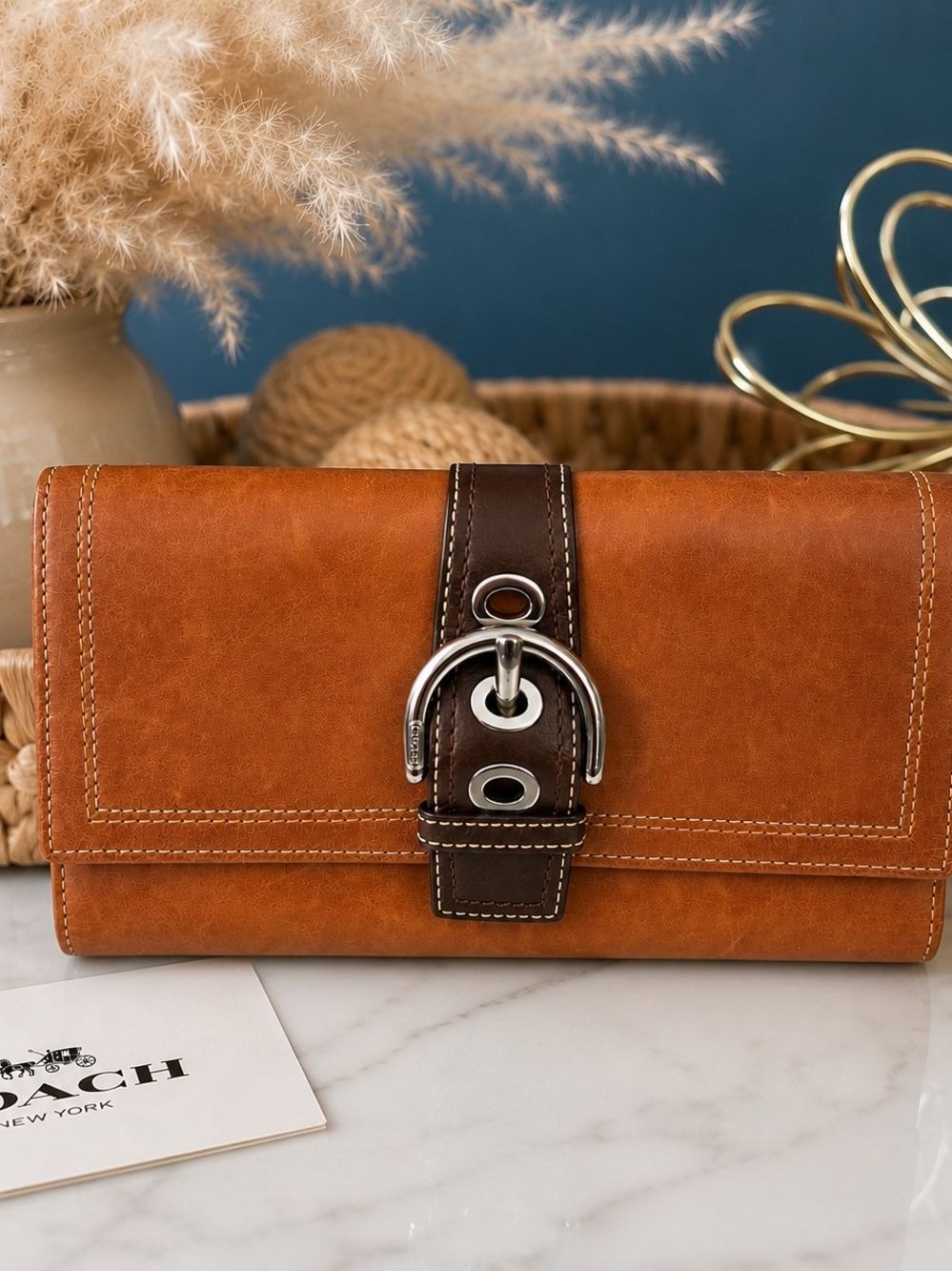 Vintage Coach Soho Trifold Wallet with Large Buckle - Tan/Brown Leather